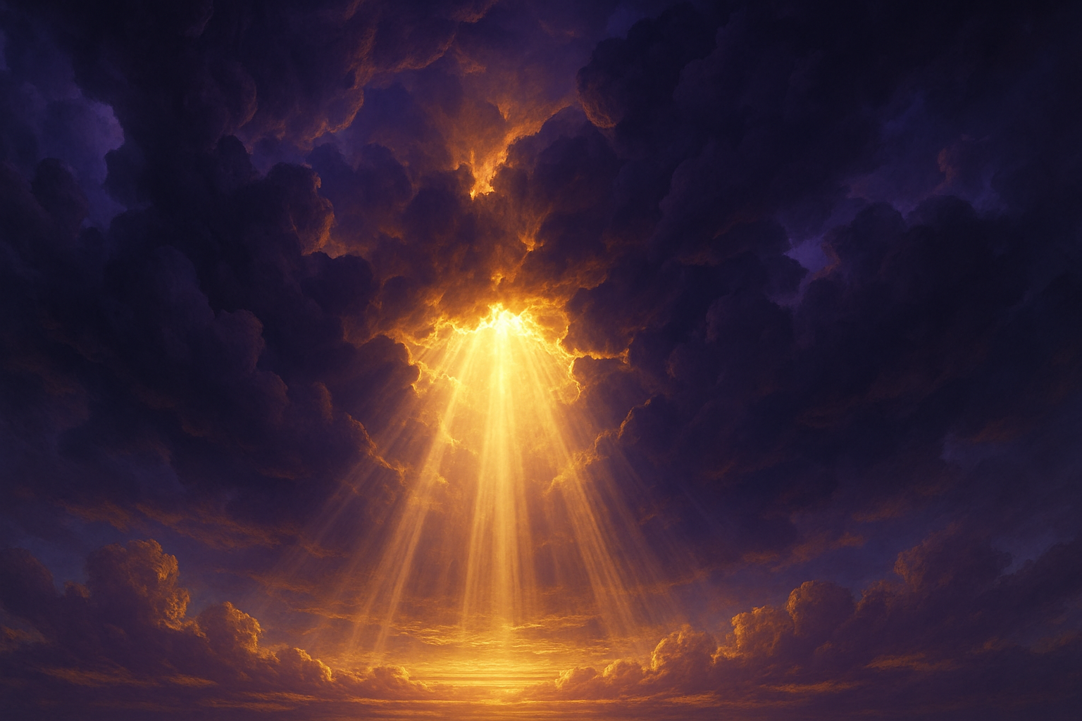 Golden light breaking through violet clouds