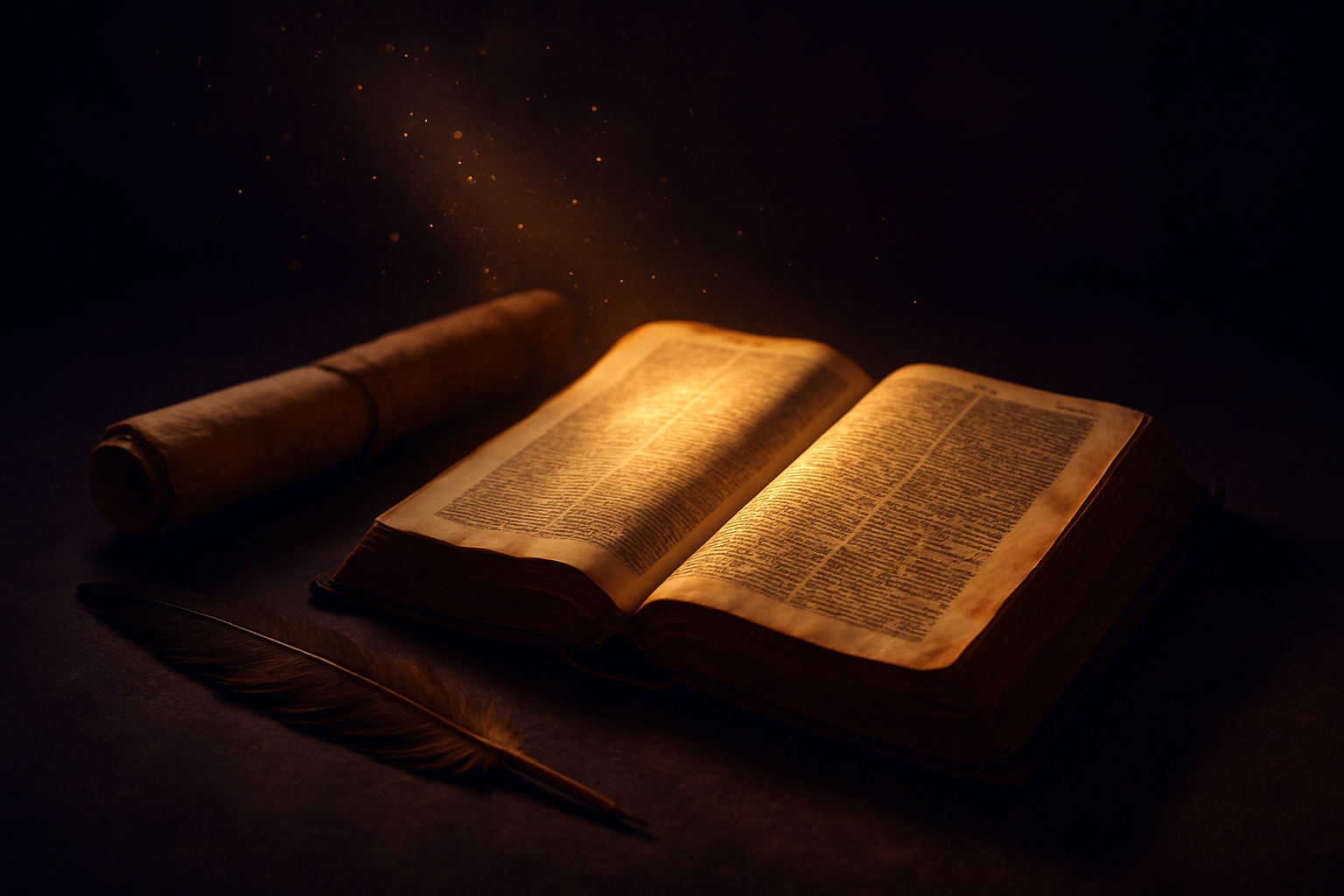 Open Bible and scroll in golden light